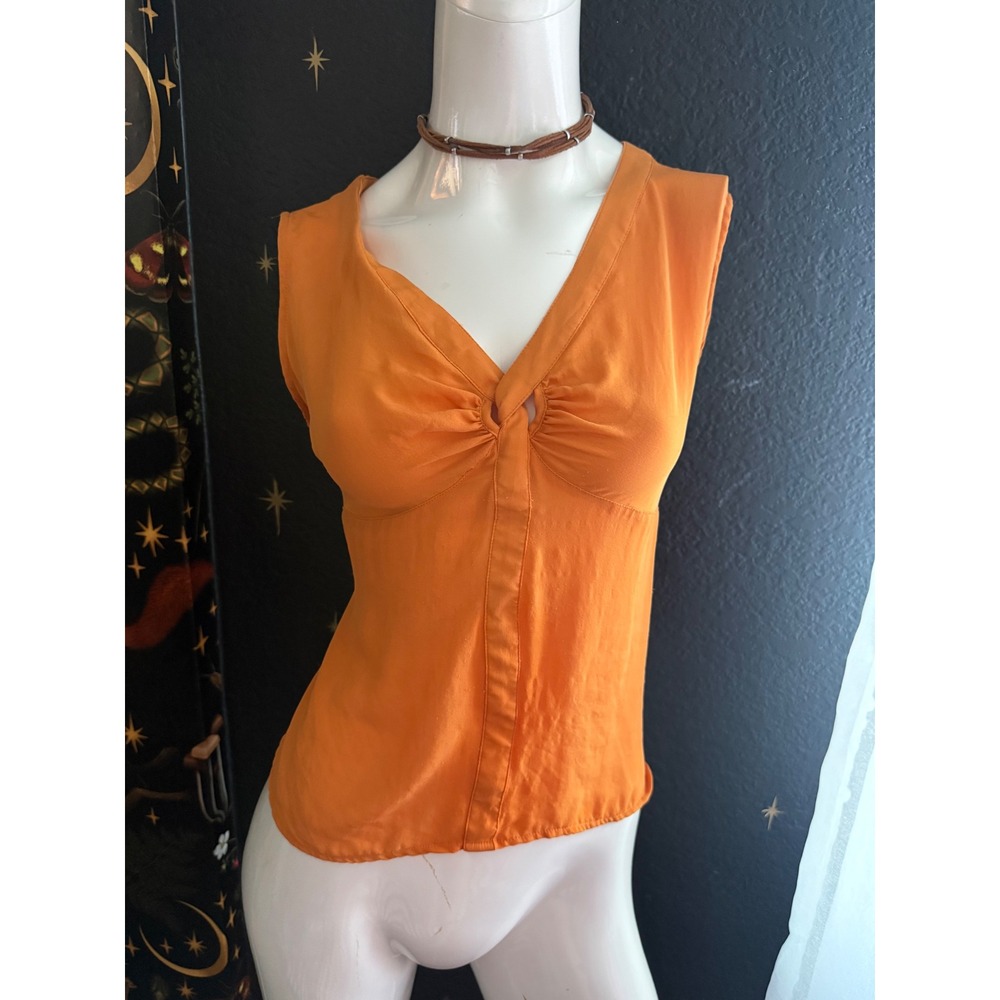Valerie Stevens Orange 100% Silk Sleeveless V-Neck Knot Front Blouse Size 12